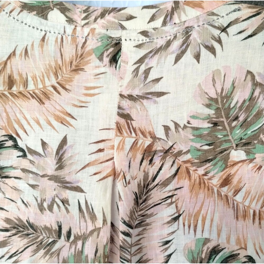 Linen Pink Tan Tropical Top Sz XS Palm Trees V Neck Flounce Sleeves Resort Coast - Picture 5 of 11